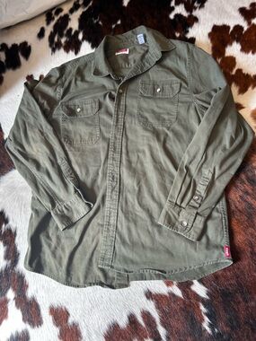 Embroidered Wrangler Olive Green Button-Down Utility Shirt